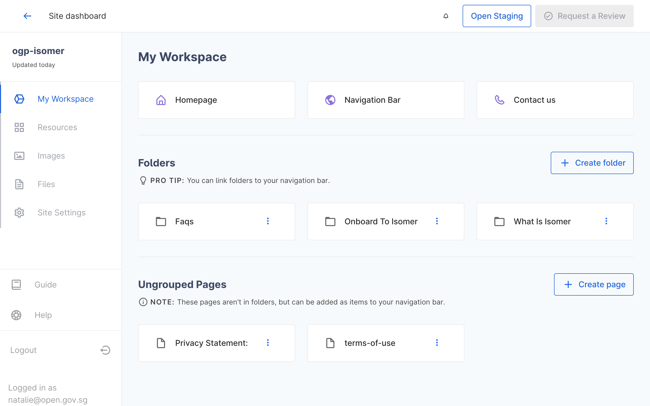 Screenshot of the IsomerCMS Workspace